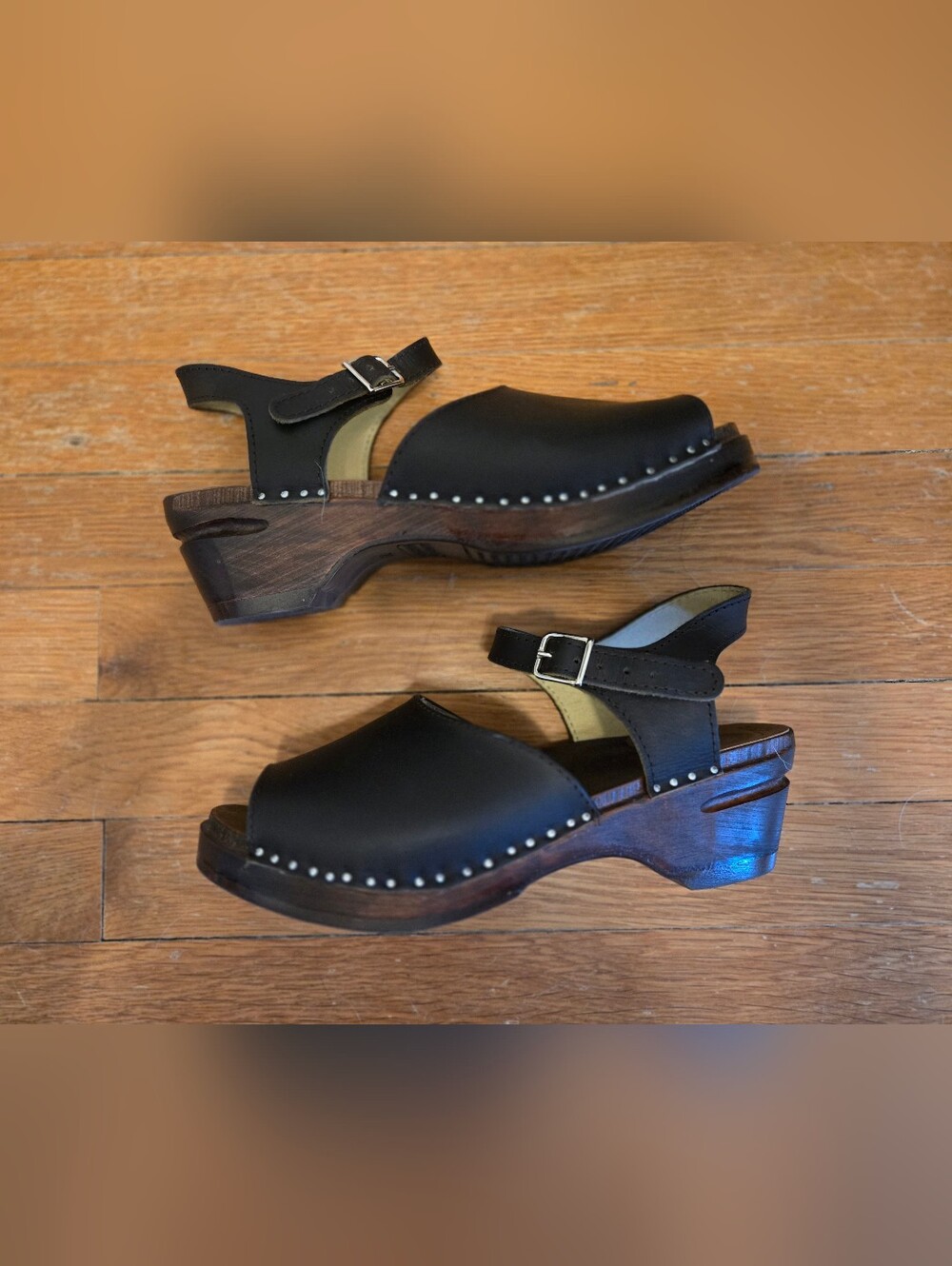 Black Leather Women's Clog Sandals with Stud Accents